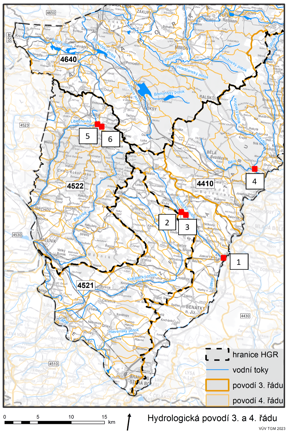 Mapa irho vzkumnho zem s uvedenm mst mench vodomrnch profil